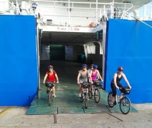 Biking off the ferry and off to our accommodation just 2km away at Lusia's Lagoon Chalets.