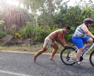 Getting a bit of Samoan manpower to push us up those hills!