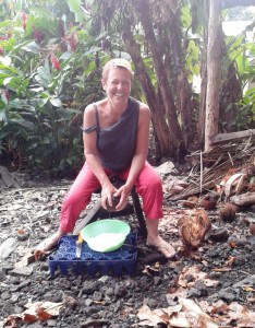 Grating the coconut before squeezing it in this fibrous stuff to make coconut milk.