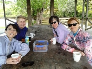 Enjoying tea, coffee and muffins at the end of our adventure.