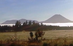 7am, Ngauruhoe on the right, Tongariro on the left. We walked through the dip between them.  